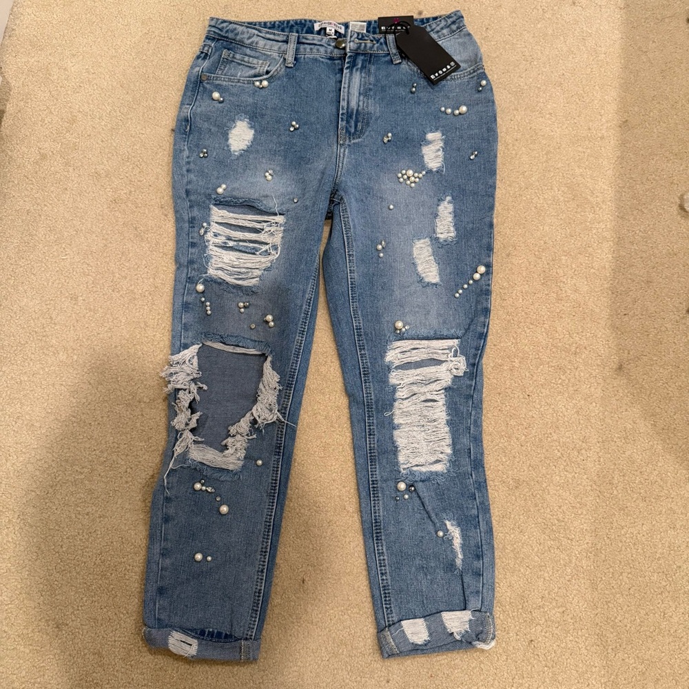 Fashion Nova Blue Distressed Jeans with Pearl Details